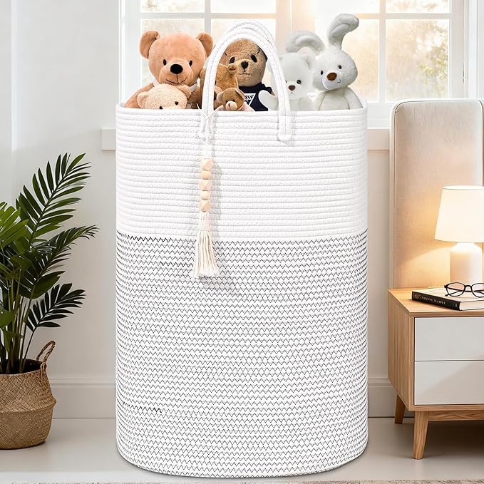Woven Laundry Basket for Clothes, 50 L Large Rectangle Laundry Hampers with Beads Tassel, Nursery Storage Basket for Toys, Tall Dirty Clothes Hamper for Bedroom Aesthetic, Laundry Room Organization