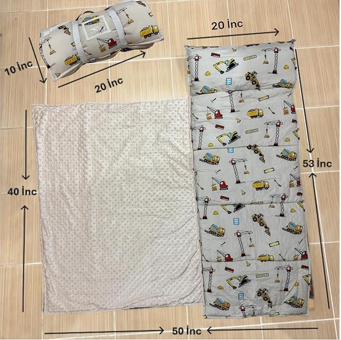 Toddler Nap Mat with Pillow and Blanket, Preschool, Nursery Sleeping Mat, Portable Bed for Kids, Ultra Soft Cotton, Fleece, Minky, Machine Washable, Travel Friendly, Kids Sleeping Bags, Cream.