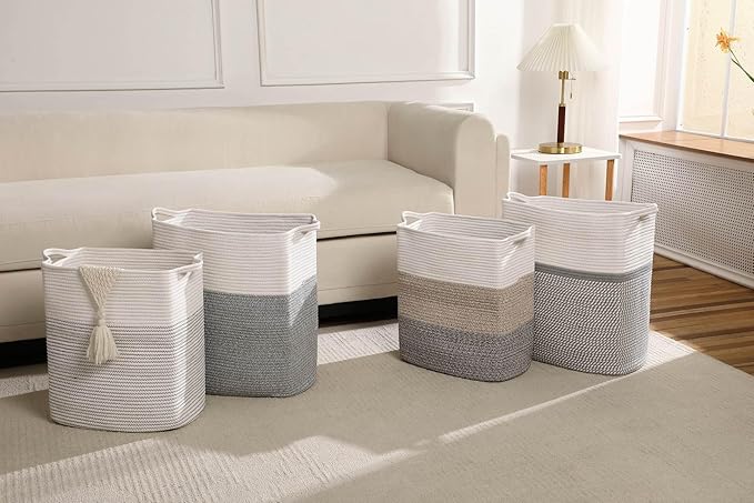 Tall Laundry Basket With Handles,Woven Cotton Rope Big Laundry Hamper Sorters,Versatile Storage for Dirty Clothes,Baby Toys,and Blankets in Bathroom, Nursery,and Living Room (White/Gray, 80L)