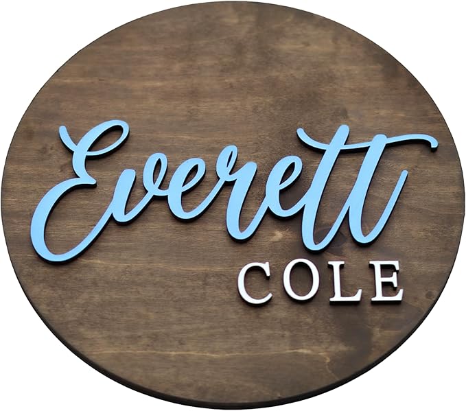 Custom Round Nusery Name Sign, Personalized 3D Baby Name Announcement Sign, Personalized Wooden Wall Plaque, 3D Wall Art for Children & Kids Rooms, Family Name Signs, 30 Colors (Design 7)