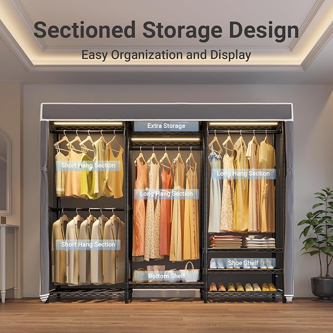 VIPEK V5LC Garment Rack Heavy Duty Covered Clothes Rack with Dimmable LED Lights, 3000K Warm White, Portable Closet Wardrobe Freestanding Clothing Rack for Hanging Clothes, Black Rack with Grey Cover