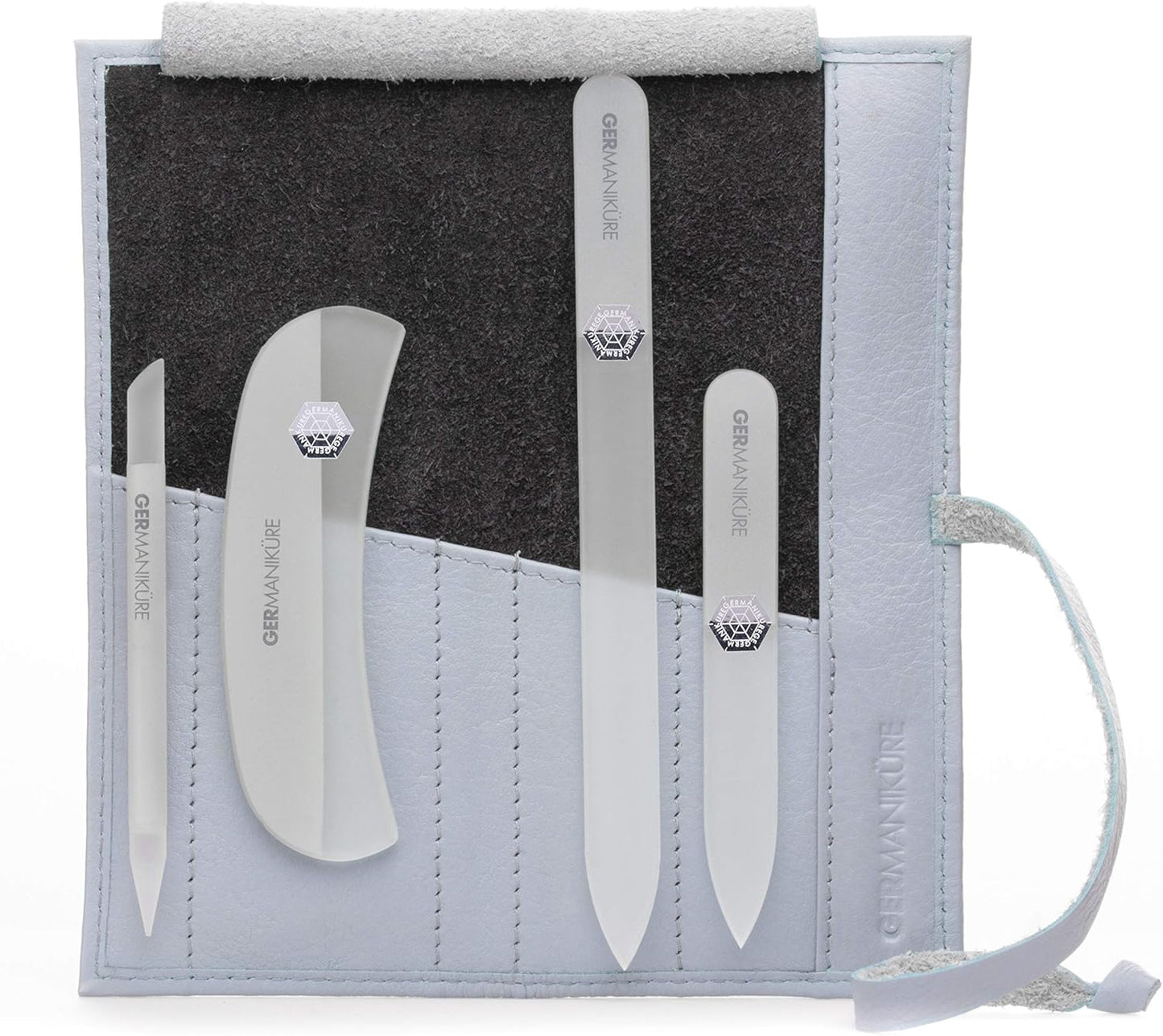 GERMANIKURE Gray Crystal Glass Nail File Set in Light Blue Leather Case – Handmade in Czech Republic – Professional Manicure & Pedicure Supplies – Glass Cuticle Stick, Pusher, Moon File