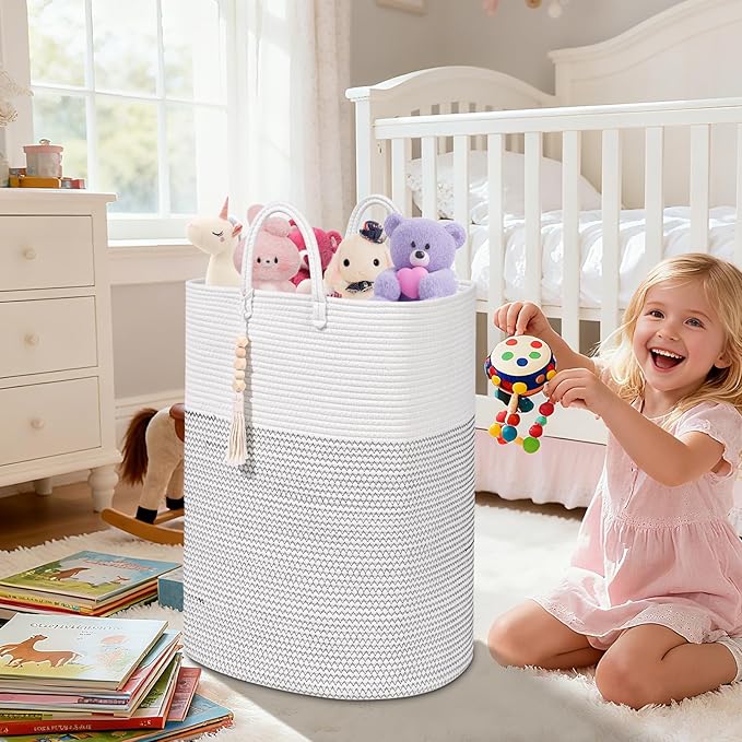 Woven Laundry Basket for Clothes, 50 L Large Rectangle Laundry Hampers with Beads Tassel, Nursery Storage Basket for Toys, Tall Dirty Clothes Hamper for Bedroom Aesthetic, Laundry Room Organization