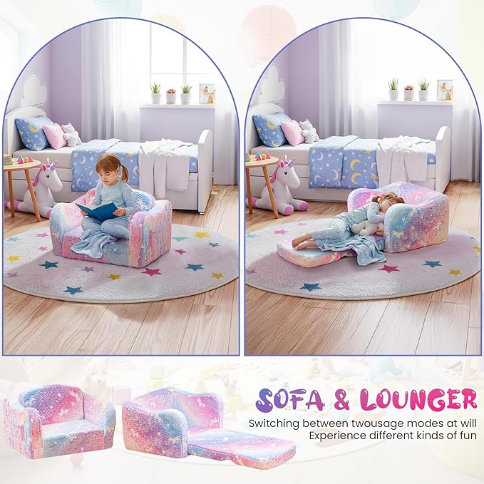 Lamerge 2-in-1 Toddler Couch,Glow in The Dark Baby Floor Bed,Foldable Toddler Chair Kids Sofa for playroom,Convertible Sofa to Lounger for Girls and Boys (Pink and Clouds)