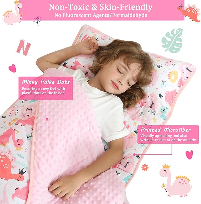 Toddler Nap Mat for Preschool 50''x30'' Sleeping Mat with Removable Pillow and Minky Blanket for Kids Ages 3-7 Roll Up Soft Sleeping Bag for Boys Girls Kindergarten Daycare Sleepover