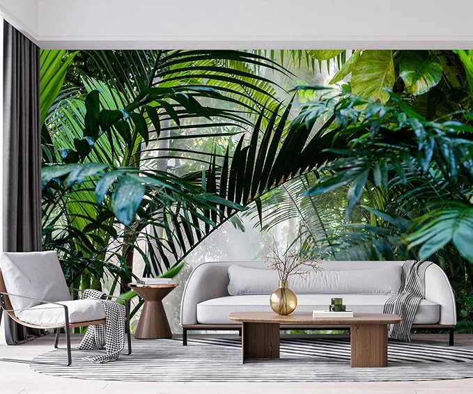 -Rainforest Leaves Fabric Wallpaper Green Trees Mural Bedroom 100" x 65" (Not Peel and Stick)