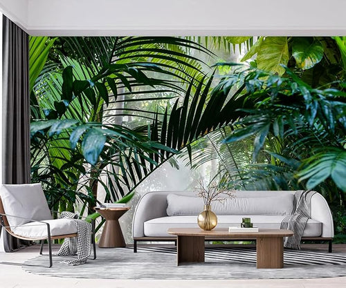 -Rainforest Leaves Fabric Wallpaper Green Trees Mural Bedroom 100" x 65" (Not Peel and Stick)