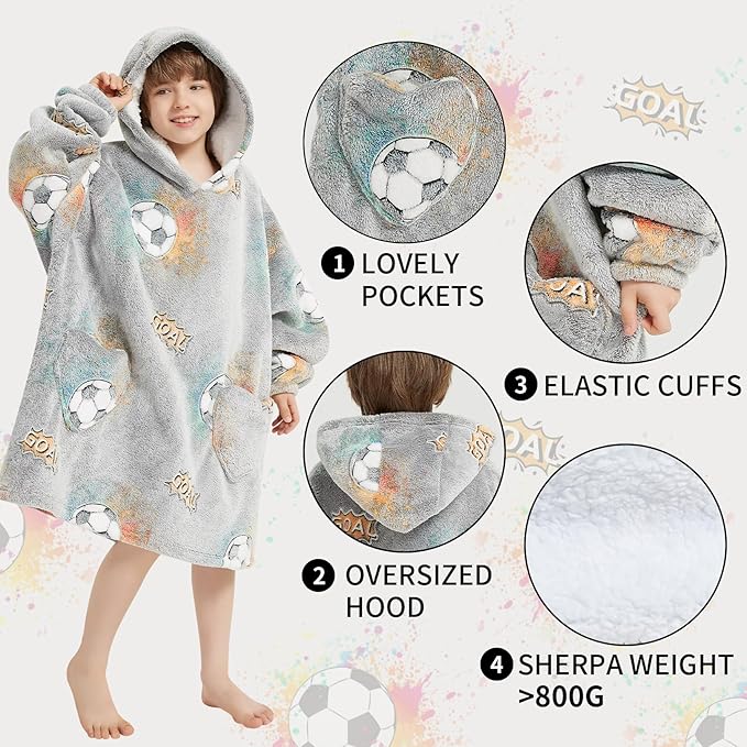 Fiosnow Glow in the Dark Football Blanket Hoodies for Kids 6-13YR Oversize Wearable Blanket Hoodies for Boys Girls Teens