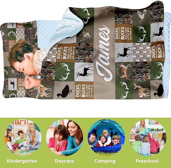 Personalized Toddler Nap Mats for Preschool, Custom Name Kids Sleeping Bag for Daycare, Roll Up Sleeping Mat with Removable Pillow and Soft Dot Minky Blanke for Boys Camping Travel