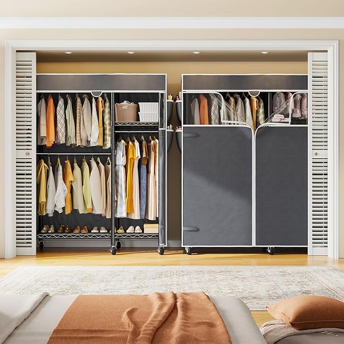 Raybee Clothes Rack with Cover Clothing Racks for Hanging Clothes Heavy Duty Portable Closet with Wheels，Rolling Garment Rack for Bedroom,Black