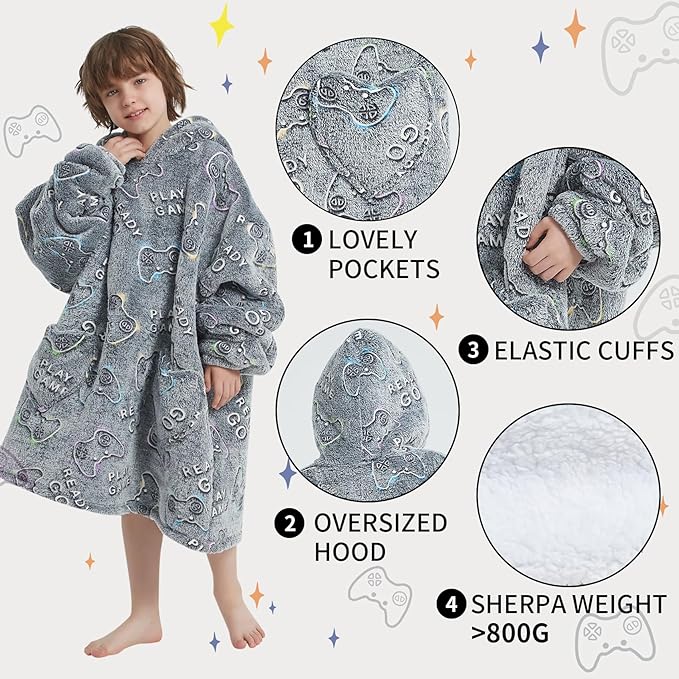 Fiosnow Glow in the Dark Game Controller Blanket Hoodies for Kids 6-13YR Oversize Wearable Blanket Hoodies for Boys Girls Teens