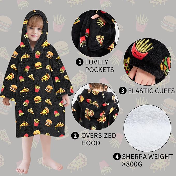 Fiosnow Pizza and Chips Blanket Hoodies for Kids Toddler 2-6YR Oversize Wearable Blanket Hoodies for Boys Girls Teens