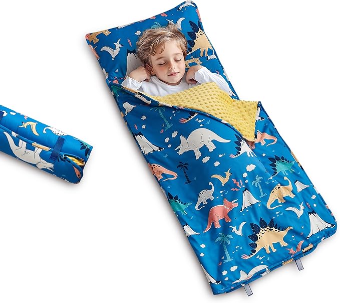 Toddler Nap Mat with Removable Pillow & Minky Blanket Sleeping Bag for Kids Handle & Fastening Nap Mats for Preschool Daycare Kindergarten Kids Sleeping Bag (Ages 2-7 Years) Blue Dinosaur