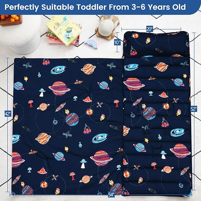 PHF Space Toddler Nap Mat Set, with Removable Pillow for Toddler Boys Girls, Soft and Lightweight for Daycare, Preschool, Travel, Kindergarten Sleeping Bag, Fits Ages 3-6 Years, Space