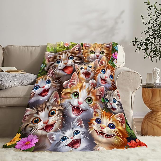 Cat Blanket Funny Cat Gifts for Girls Boys Woman Kids Lover Throw Blankets Soft Blanket Warm Fleece Flannel Plush Blankets for Bed Sofa Couch 60"x80"
