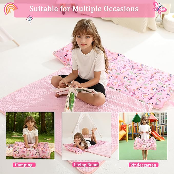 Toddler Nap Mat for Preschool 50''x30'' Sleeping Mat with Removable Pillow and Minky Blanket for Kids Ages 3-7 Roll Up Soft Sleeping Bag for Boys Girls Kindergarten Daycare Sleepover