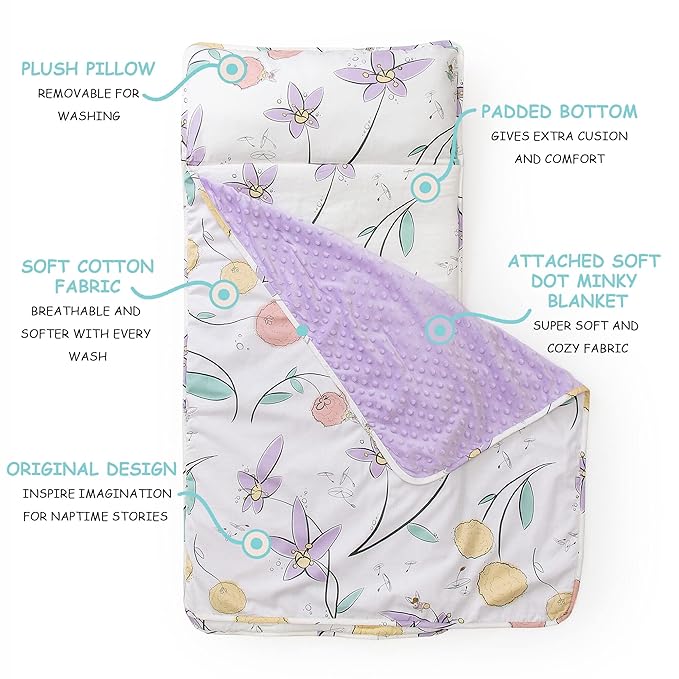 JumpOff Jo Nap Mat for Kids - Cozy Kids Rest Mat with Removable Pillow and Ultra Soft Blanket for Preschool, Daycare, and Sleepovers - Fairy Blossoms