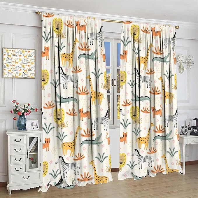 Wild Animals Curtains, Cute Cartoon Animals Zoo with Lion Zebra Crocodile Cat and Giraffe Tropical Jungle Plant Print Window Treatments for Kids Boys Girls Bedroom Living Room 55x63in