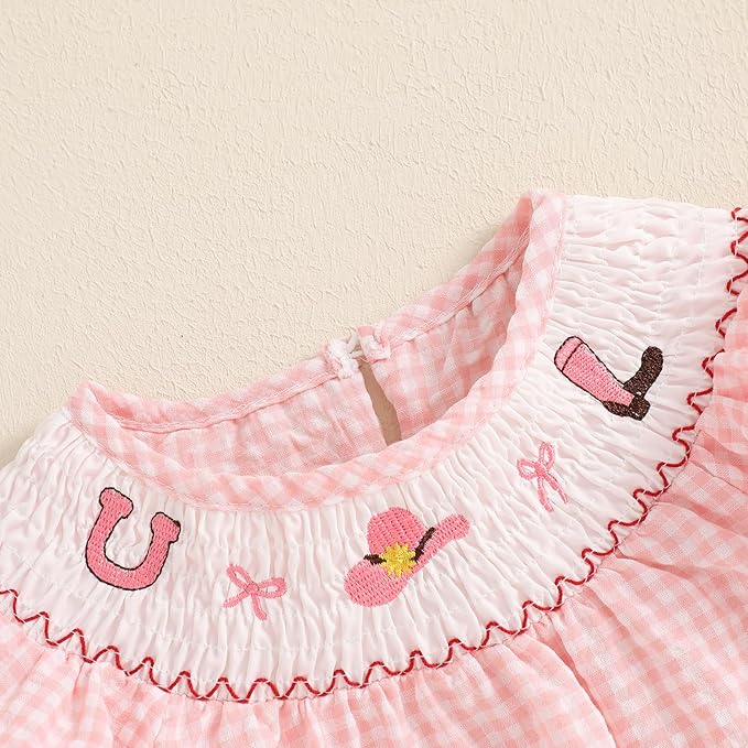 Baby Girl Smocked Western Romper Short Sleeve Bubble Rompers Summer Clothes Plaid Print Embroidery Bow Bodysuit Tops