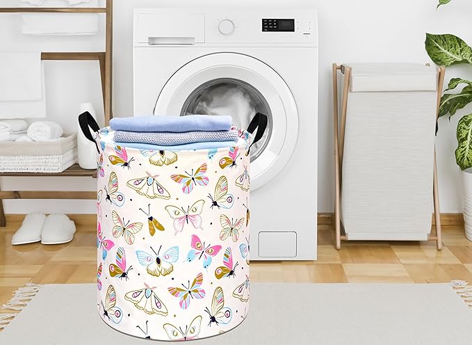 KUNRO Spring Butterfly Laundry Gift Basket Storage Hamper, Kids Toys and Clothes Storage Organizer Bins, Toy Shelf Basket with Handles for Room Decor