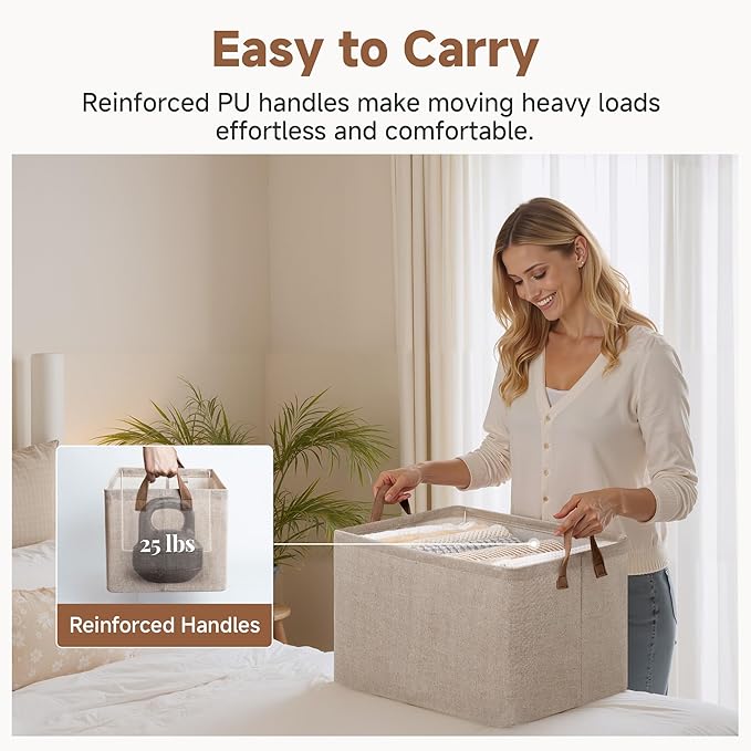 StorageWorks Storage Bins, Fabric Storage Bins for Shelves, Extra Large Storage Baskets with Metal Frame, Closet Baskets and Bins with Handles, Jumbo, Brown and Beige, 2-Pack