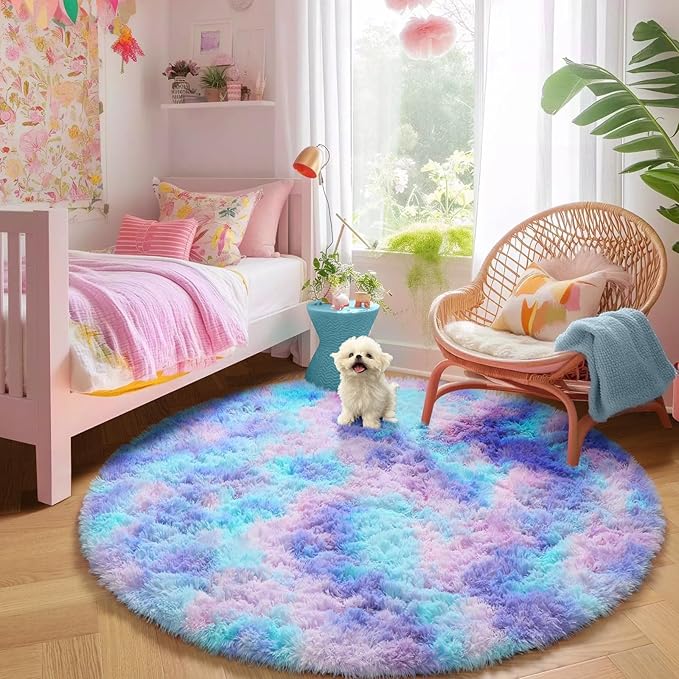 Amdrebio Purple Rainbow Round Rug 4Ft for Bedroom Girls Room Decor, Mermaid Stitch Frozen Kids Rugs for Playroom Nursery Dorm, Fluffy Furry Cute Shag Carpet, Kawaii Circle Area Rugs for Baby Toddler