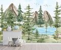 -Watercolor Green Pine Mural Cartoon Forest Fabric Wallpaper Children's Room 180" x 115"(Not Peel and Stick)