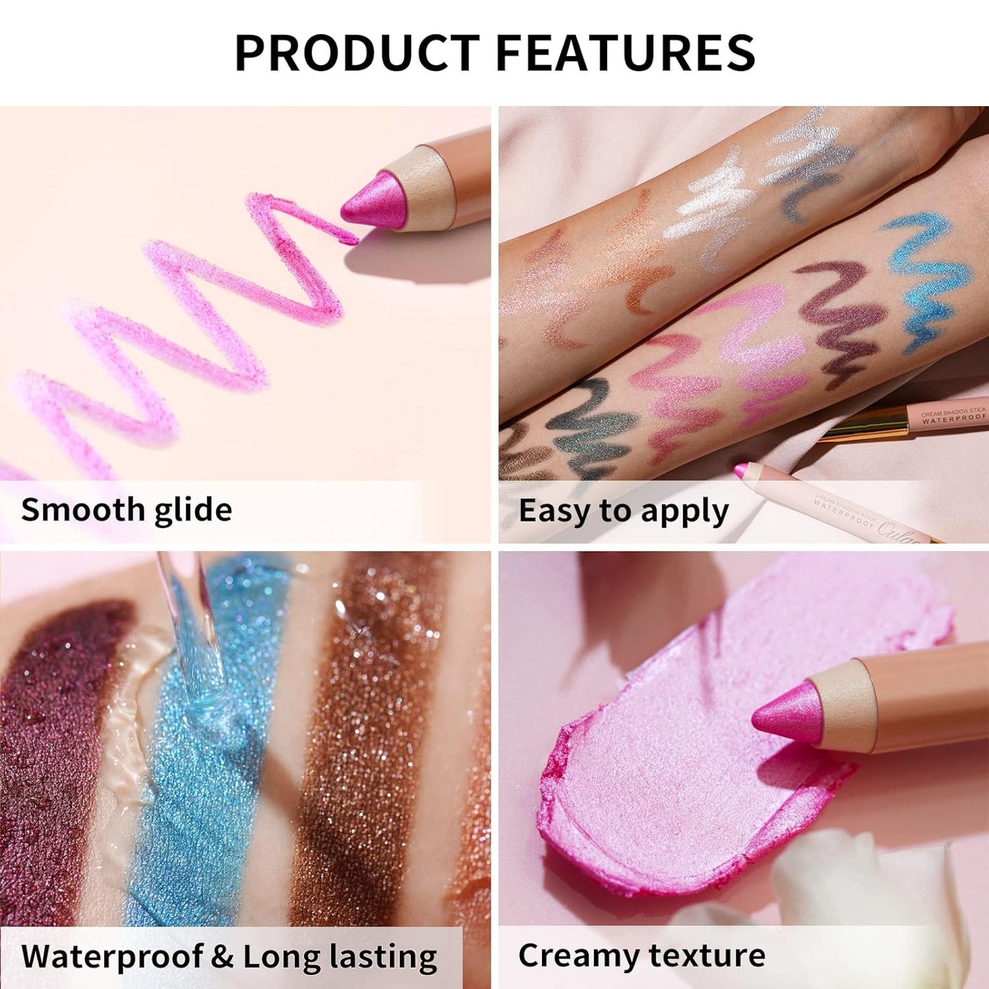 Oulac Nude Eyeshadow Crayon – Twist-Up Waterproof Stick, Soft Shimmer Finish, Vegan & Cruelty-Free, 1.25g, WS02 Pink Rush