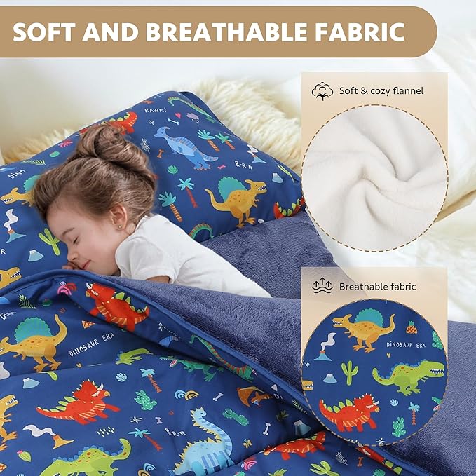 Toddler Nap Mat with Detachable Pillow & Blanket - Soft Plush Minky Fleece Kids Sleeping Bag for Daycare, Preschool & Travel - Portable Roll-Up Design with Carry Handle - Boys Girls Ages 3+