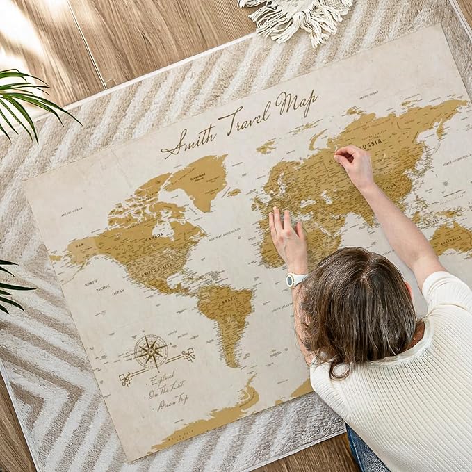 ElephantStock - Personalized Travel Push Pin World Map Wall Art - Horizontal Canvas Wall Art - Living Room Wall Decor - Digital Art Map Canvas Art - Orange And Beige Decor - 48" x 32"