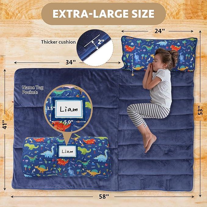 Toddler Nap Mat with Detachable Pillow & Blanket - Soft Plush Minky Fleece Kids Sleeping Bag for Daycare, Preschool & Travel - Portable Roll-Up Design with Carry Handle - Boys Girls Ages 3+
