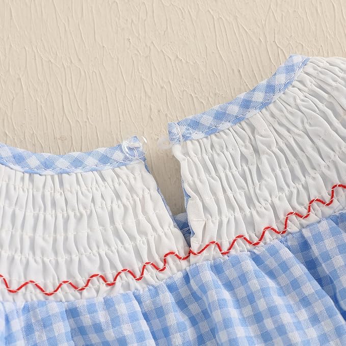 Baby Girl Smocked Western Romper Short Sleeve Bubble Rompers Summer Clothes Plaid Print Embroidery Bow Bodysuit Tops