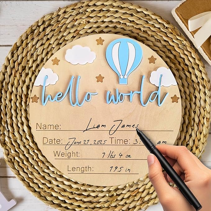 Hello World Newborn Sign - 5.9” Round Wooden Baby Announcement Sign with 3D Hot Air Balloon, Clouds & Stars - Keepsake Birth Gift for Baby Boy’s First Day, Hospital, Shower, or Nursery Décor (Blue)