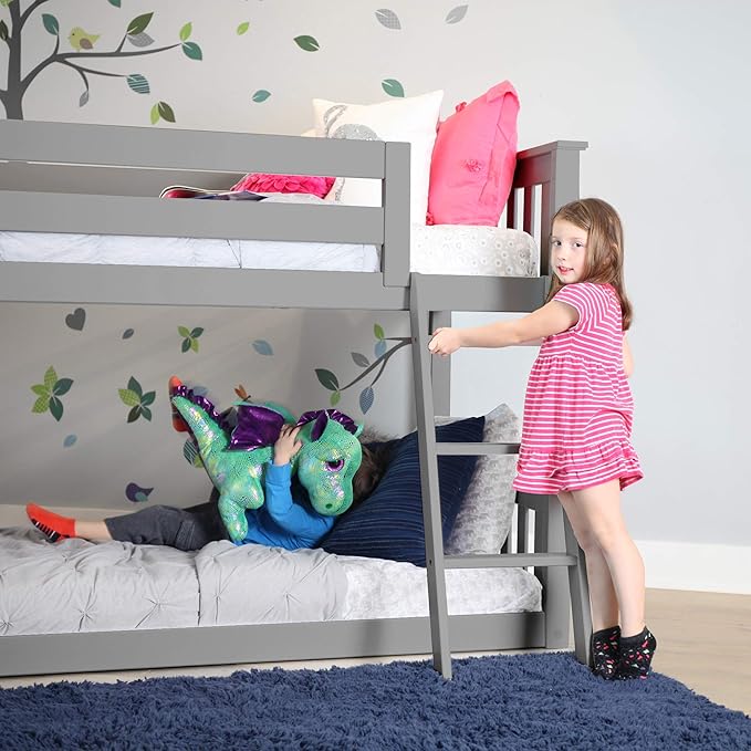 Max & Lily Twin Over Twin Low Bunk Bed with Ladder, Wooden Bunk beds with 14” Safety Guardrail for Kids,Toddlers, Boys, Girls, Teens, Bedroom Furniture, Grey