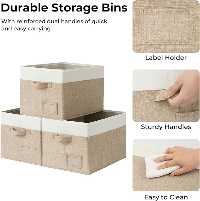 GRANNY SAYS Closet Storage Baskets for Shelves, Large Fabric Storage Bins, Collapsible Clothing Storage and Organization, Decorative Storage Bins, Khaki&Ivory, Extra Large, 3-Pack