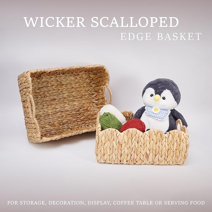 Set of 2 Scalloped Edge Wicker Storage Basket with Built-in Handles, Rectangle Water Hyacinth Basket for Organizing, Decorative Woven Rattan Basket for Shelf, Nursery Room