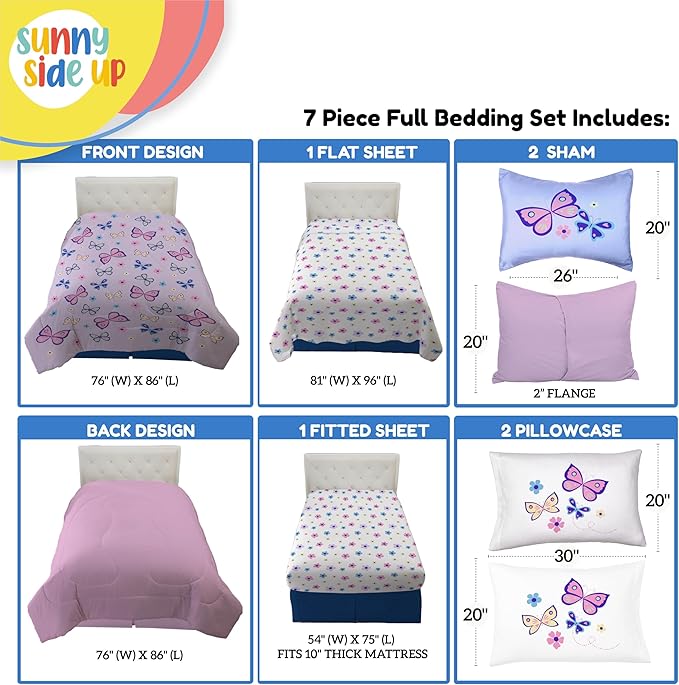 Sunny Side Up Butterfly Full Comforter Set - 7 Piece Kids Bedding Includes Comforter, Sheets & Pillow Cover - Super Soft Purple Floral Microfiber Bed Set