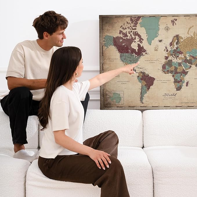Canvas World Map with Cork Pin Board - English Lettering - Decorative Wall Decoration for All Rooms - Canvas Pictures with World Map Motif (120x80 cm, Pattern 12)