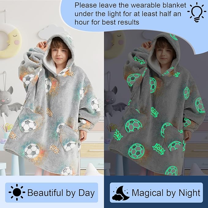 Fiosnow Glow in the Dark Football Blanket Hoodies for Kids 6-13YR Oversize Wearable Blanket Hoodies for Boys Girls Teens