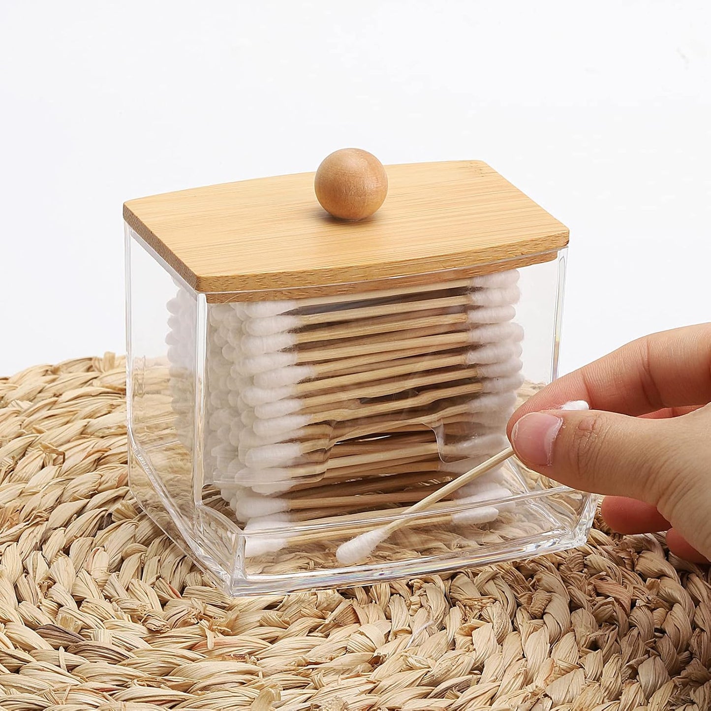 Tbestmax 2 Pack 10oz Qtip Holder Dispenser with Bamboo Lids, Big Clear Bathroom Organizer Accessories Decor for Storage-Qtips Cotton Ball Holder Apothecary Jars, Cotton Swabs, Floss Container