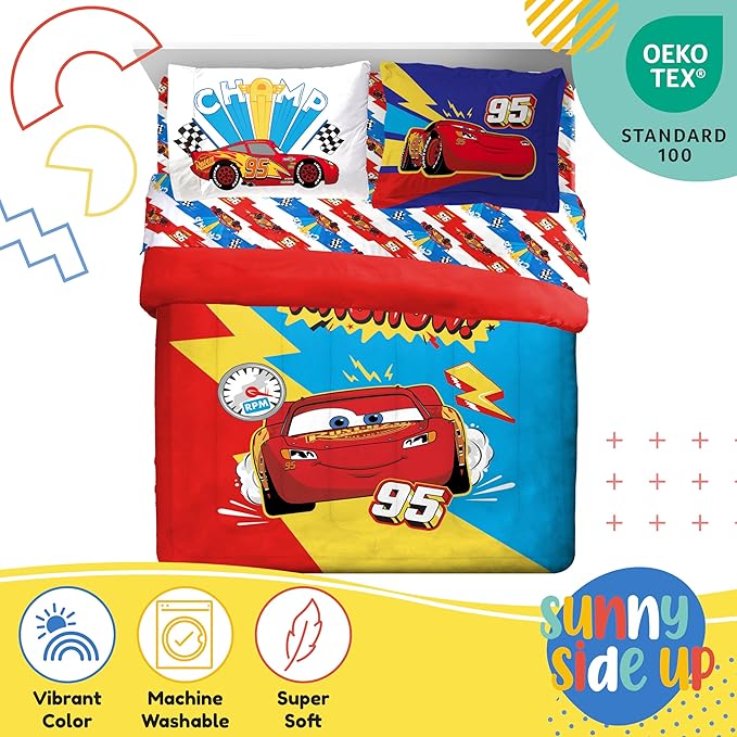 Disney Pixar Cars Lightning McQueen Full Comforter Set - 7 Piece Kids Bedding Includes Comforter, Sheets & Pillow Cover - Super Soft Racecar Microfiber Bed Set