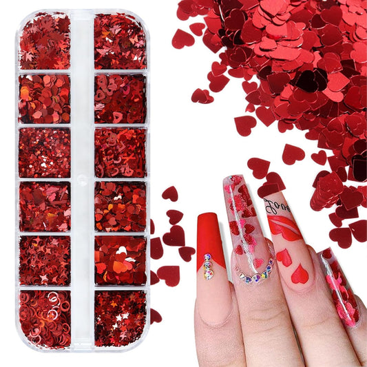 Valentine’s Day Glitter Nail Art Sequins 3D Laser Red Heart Glitters Nail Decals，Holographic Love Heart Letters Butterfly Stars Circle Nail Art Supplies for Women Manicure Charms Decorations 12 Grids