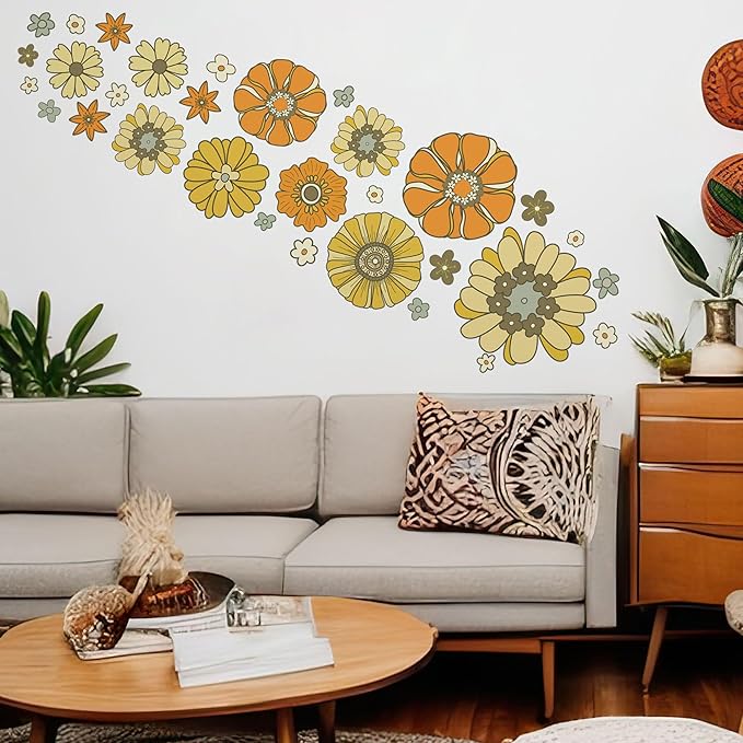 Boho Retro Flower Wall Decal - Retro Floral Decor Stickers,Peel and Stick Bohemian Style Flowers Decals for Kids Bedroom Nursery Playroom Living Room and Bedroom Wall Decorations
