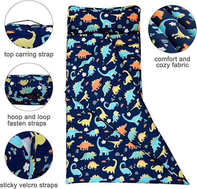PHF Dinosaur Toddler Nap Mat Set, with Removable Pillow for Toddler Boys, Soft and Lightweight for Daycare, Preschool, Travel, Kindergarten Sleeping Bag, Fits Ages 3-6 Years, Dinosaur
