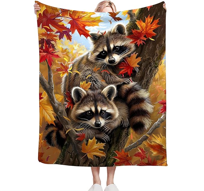 Raccoon Blanket Funny Raccoons Gifts for Girls Boys Woman Kids Raccoon Lover Maple Leaf Throw Blankets Soft Blanket Warm Fleece Flannel Plush Blankets for Bed Sofa Couch 50"x60"