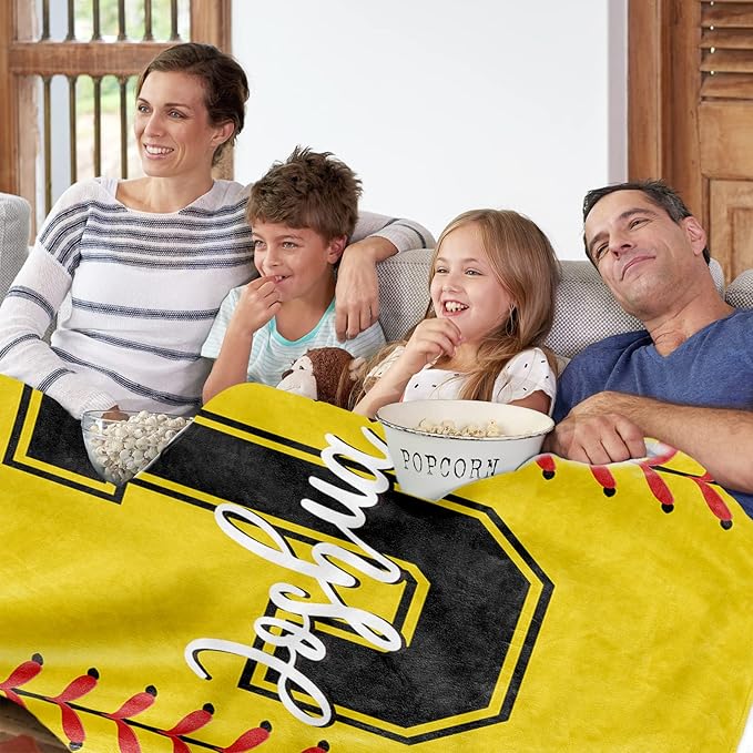 Personalized Softball Kids Blanket with Name and Number - Custom Sport Bed Blankets Gift for 0-3 Months Baby Essential and Warm 40x50inch