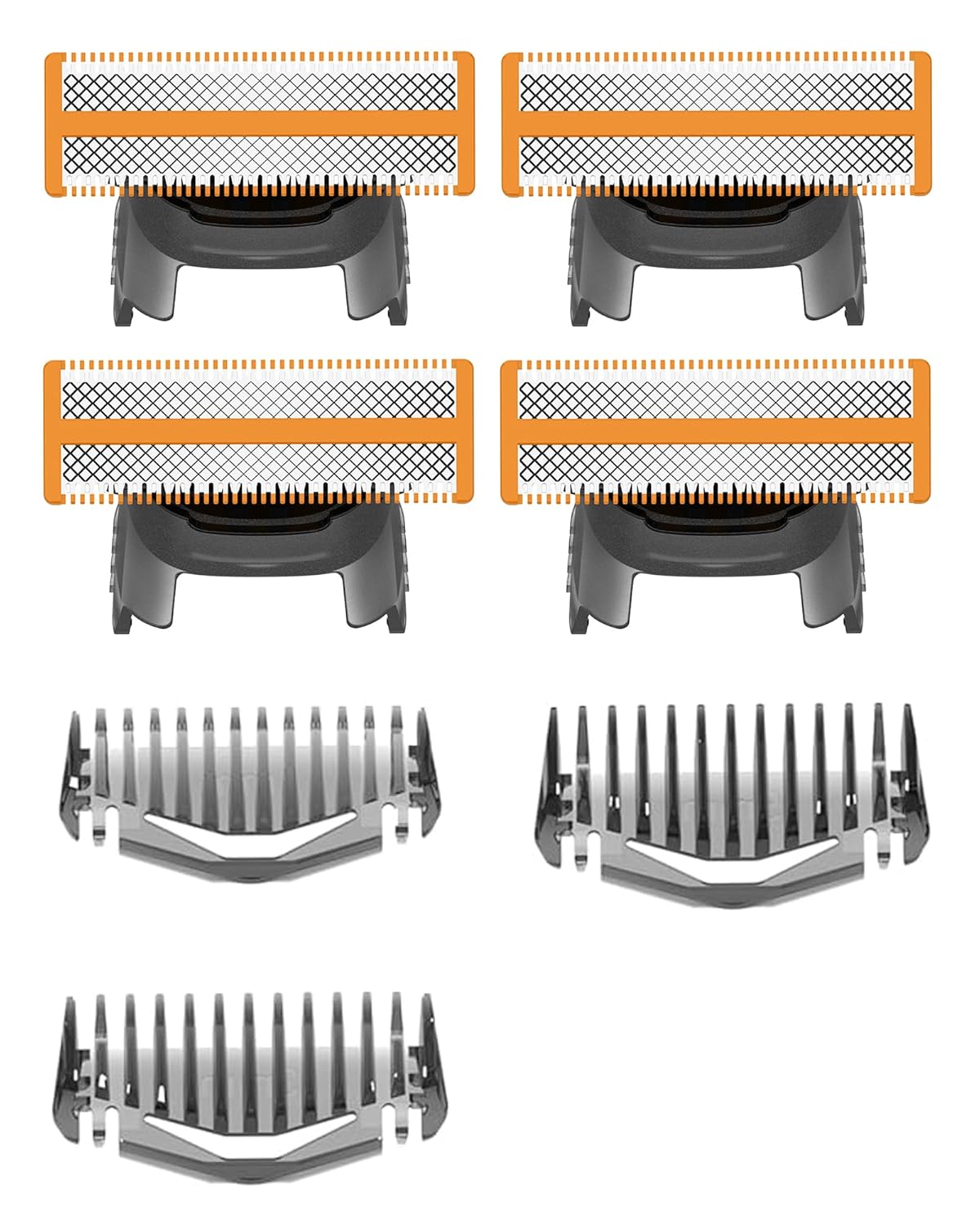 4-Pack Replacement Blades & 3 Guide Combs, Compatible with QP Series Handles (QP210/80, QP2520, QP2630, QP2834, QP6510/31), Dual-Sided Stainless Steel Trimmer Heads for Popular Hybrid Shavers