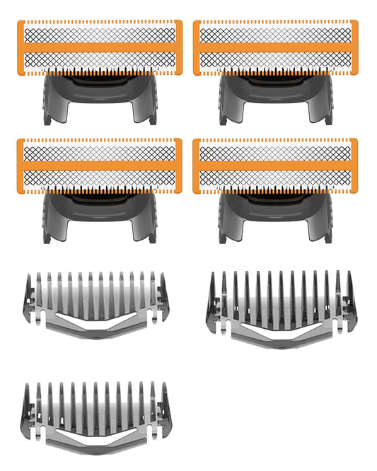 4-Pack Replacement Blades & 3 Guide Combs, Compatible with QP Series Handles (QP210/80, QP2520, QP2630, QP2834, QP6510/31), Dual-Sided Stainless Steel Trimmer Heads for Popular Hybrid Shavers