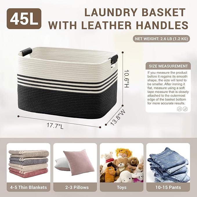 45L Small Laundry Basket with Leather Handles for Living Room Storage, Woven Rope Baskets Bin for Blanket, Kids Toy, Gifts, Wicker Hamper for Bedroom Dirty Clothes, 18"x14"x11" White Black