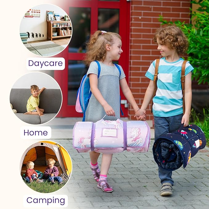 Toddler Nap Mat with Pillow and Minky Blanket, Large 55"x35" Sleeping Bag, Washable, Lightweight, Easy to Roll, Perfect for Preschool, Daycare, Kindergarten, Travel, Boys and Girls